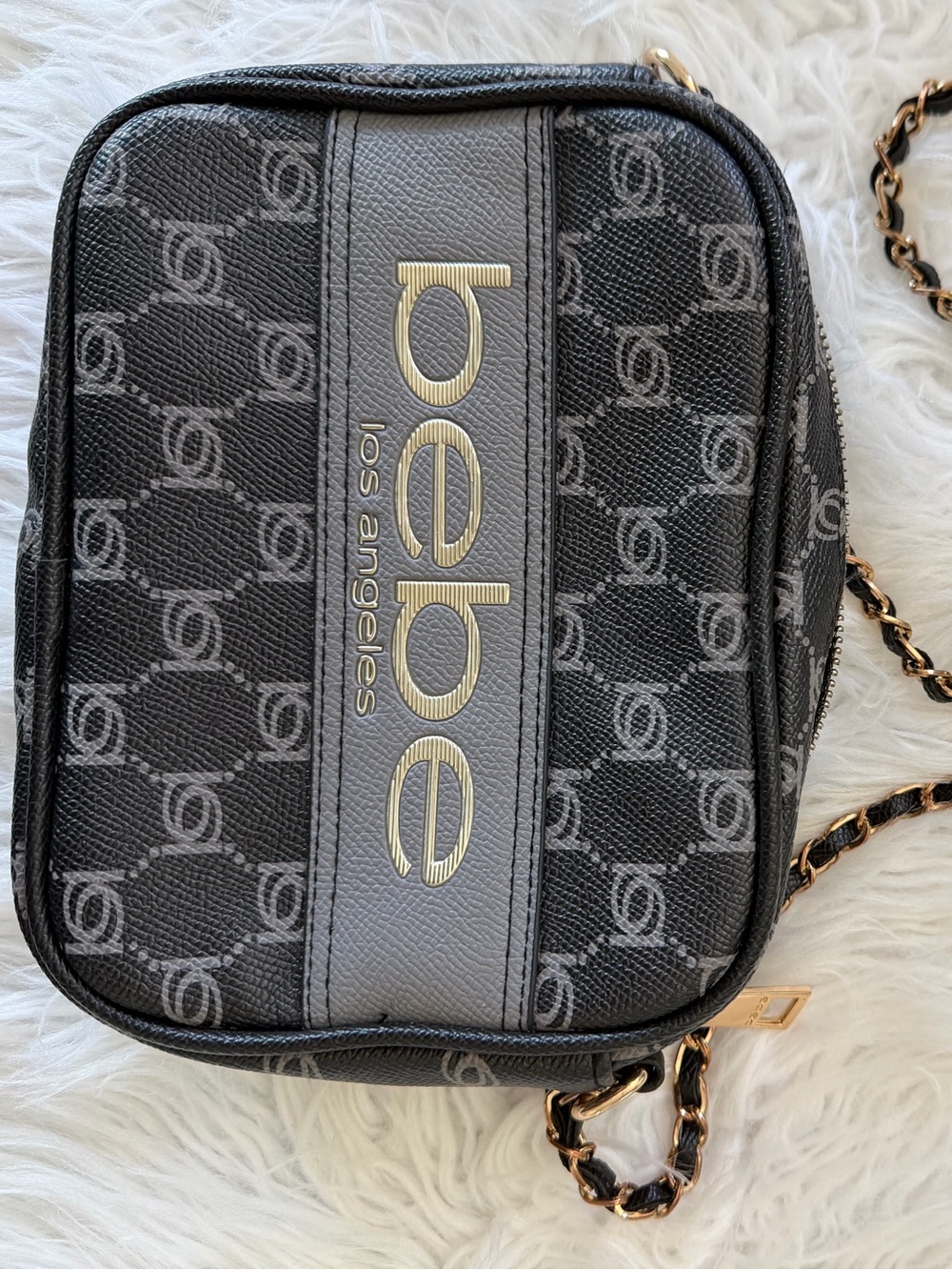 bebe Black Crossbody with Gold Chain and Logo